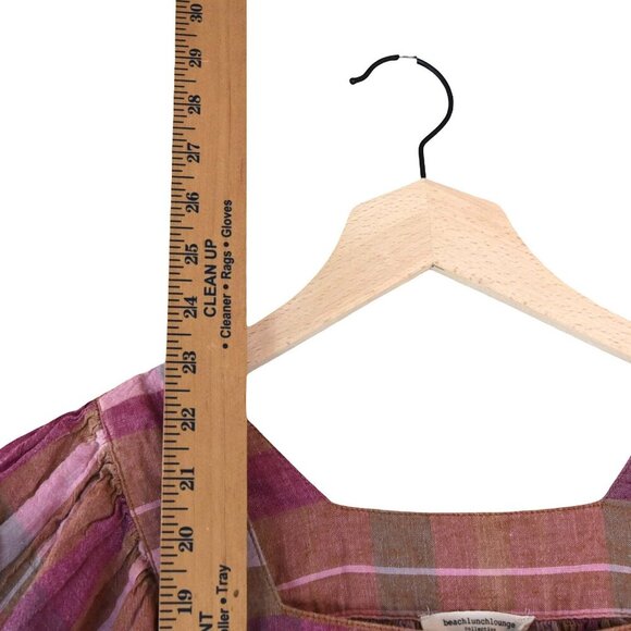 BeachLunchLounge Pink Brown Linen Blouse Square Neck Ruffle Sleeve Cottagecore - Picture 2 of 7